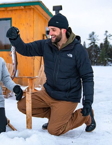 Two people ice fishing in outfitters