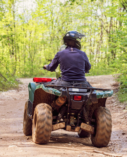 Un VTT / quad dans un sentier en forêt.