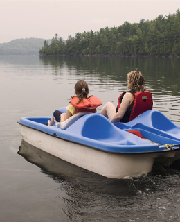 Two people in a blue pedal boat