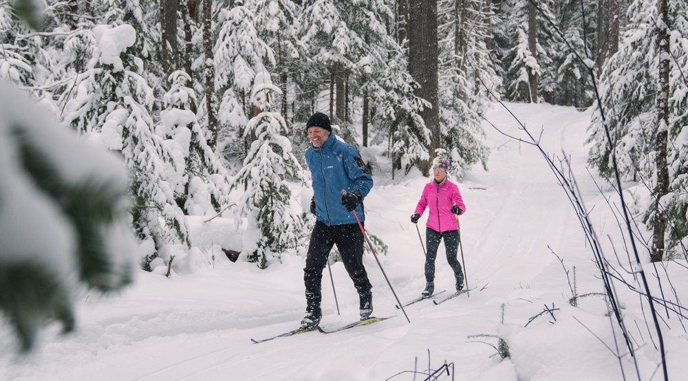 A couple on cross-country skis