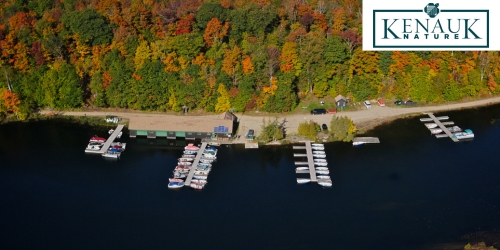 Air view of a marina with Kenauk logo